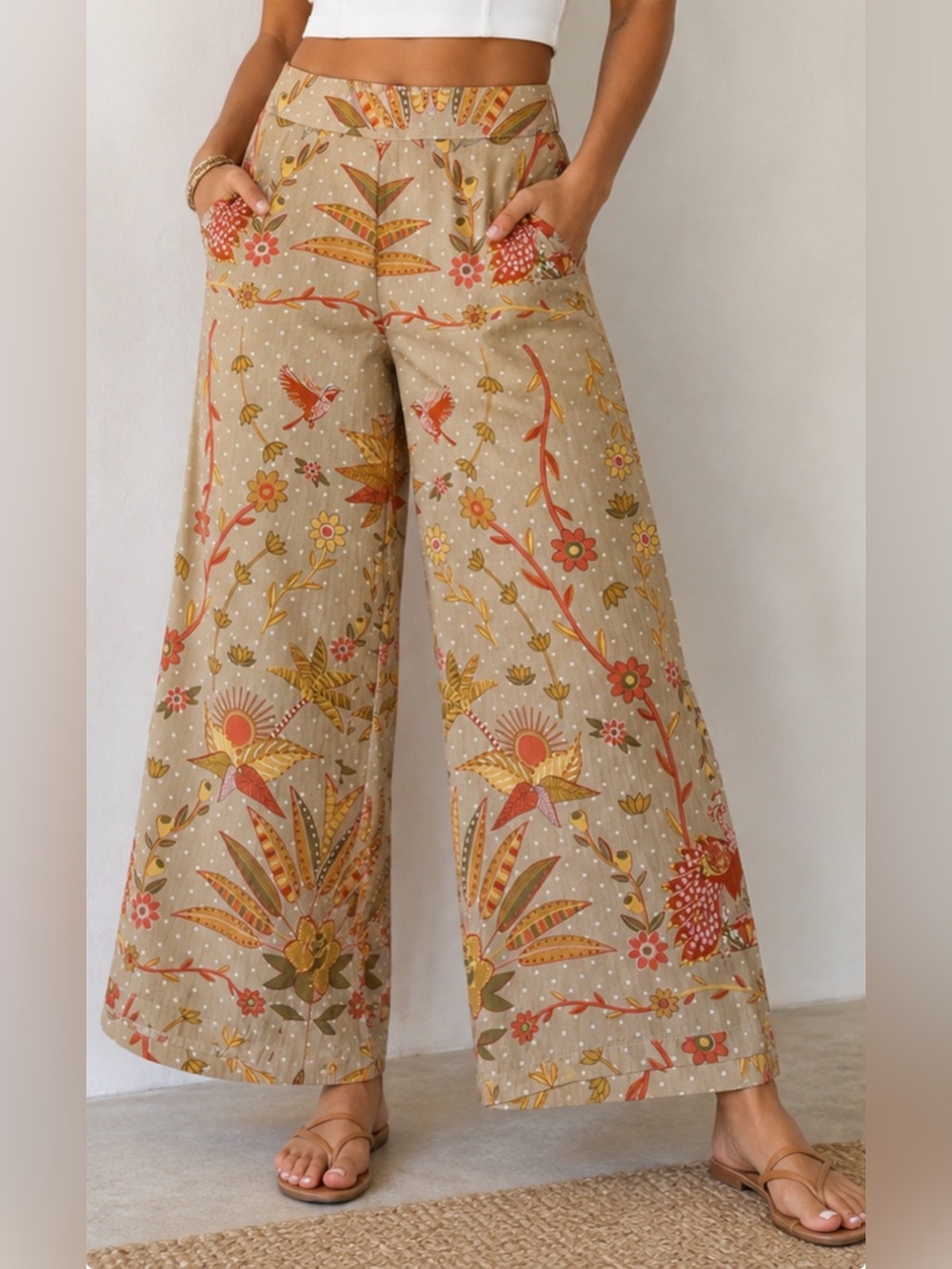 Rose & Olive Beige Floral Wide-Leg Pants Coral Mustard Print Size M EUC Boho - Picture 2 of 10